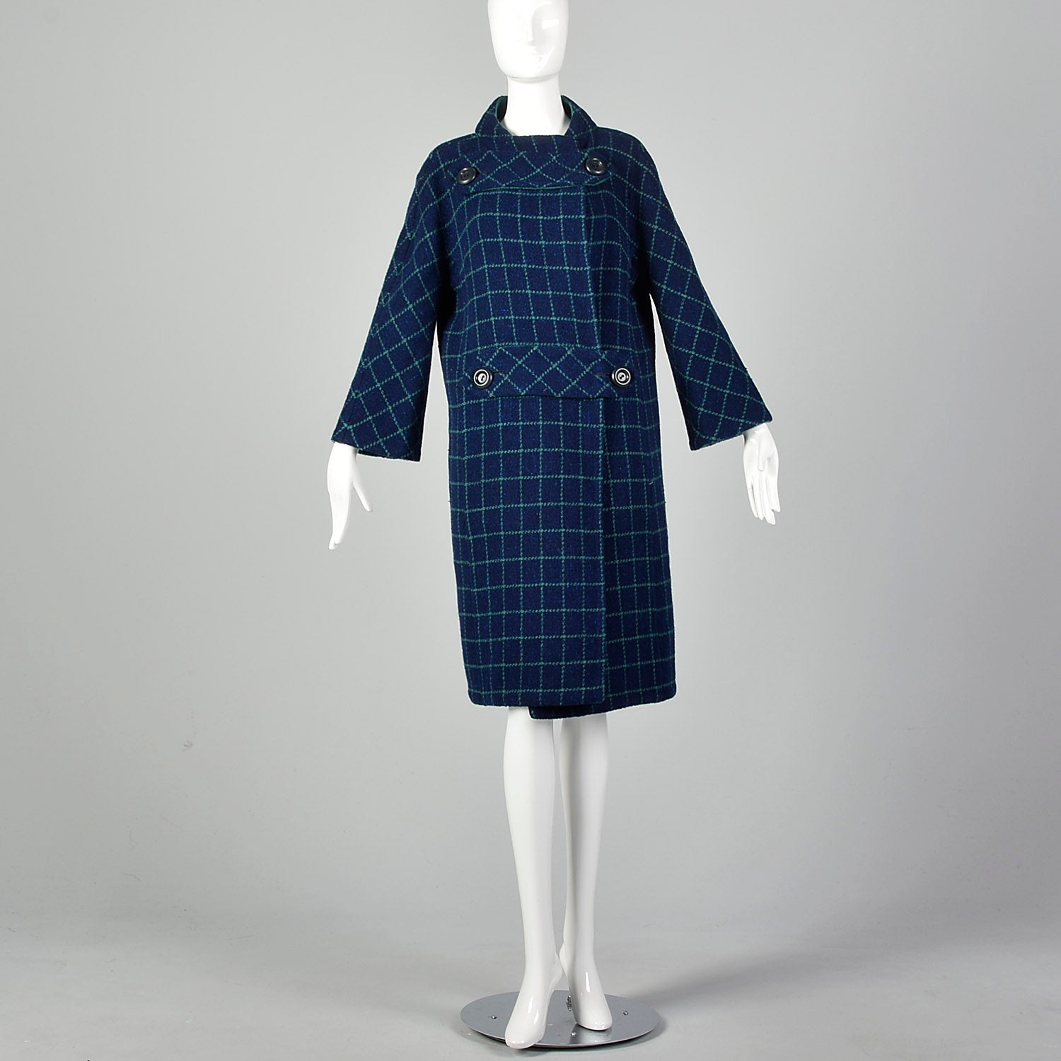 Medium Pauline Trigere 1960s Mod Blue Plaid Wool Blanket Coat