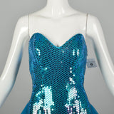 Medium 1980s Dress Strapless Tulle Sequin Teal Bustle Prom Gown Asymmetrical Hem