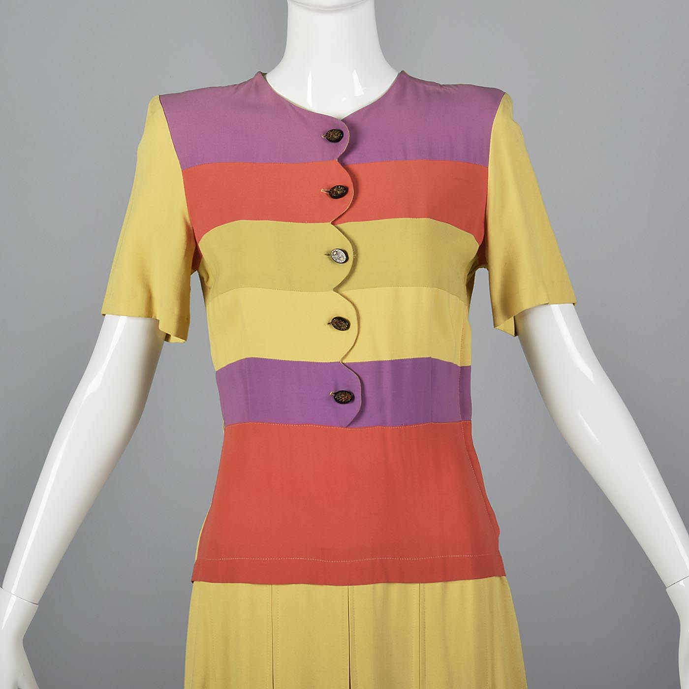 1930s Yellow Rayon Day Dress with Striped Bodice