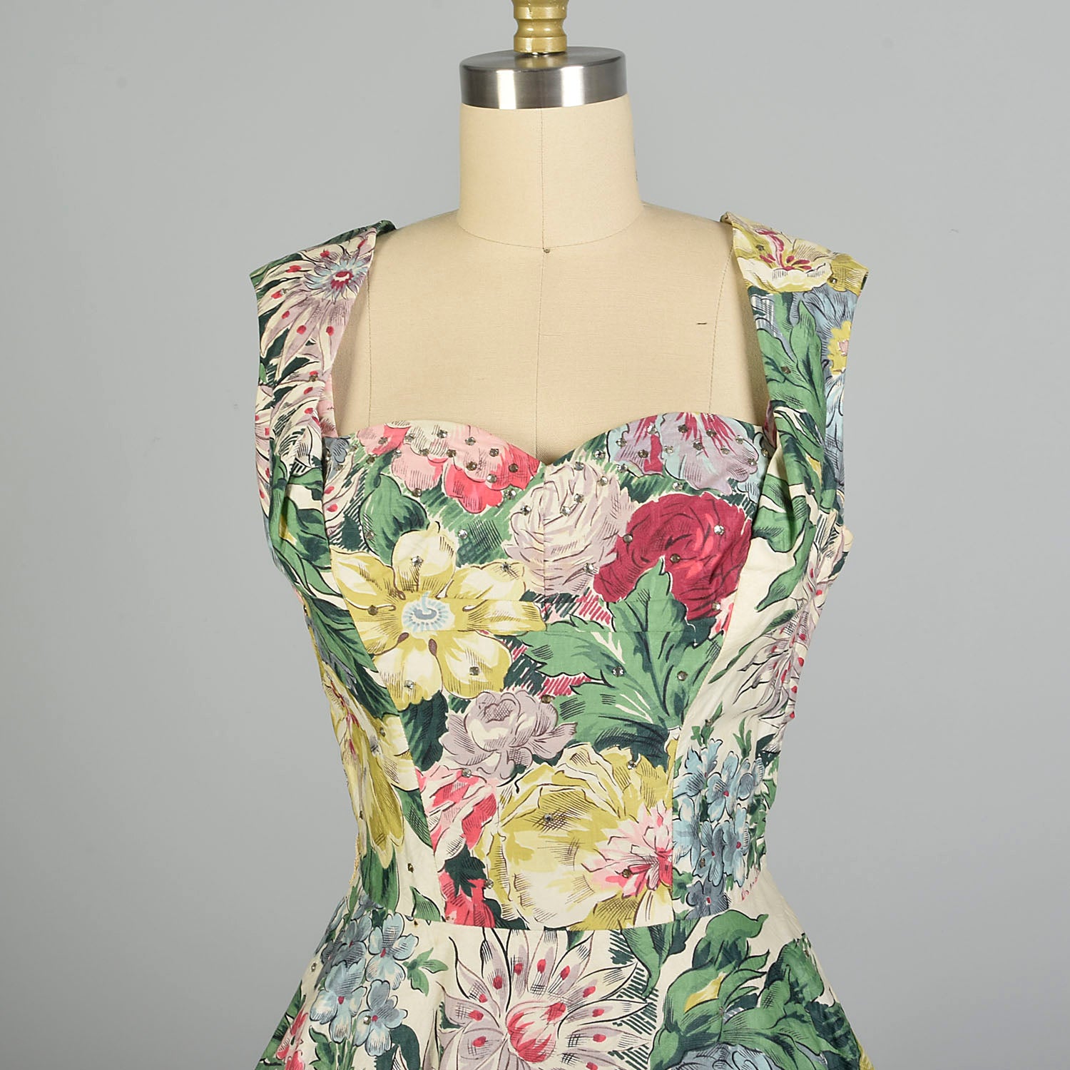 Small 1950s Alix of Miami Sleeveless Cotton Summer Fit & Flare Floral Print Day Dress