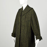 Large 1950s Swing Coat Green Boucle Wool Tweed Shawl Collar Vintage Winter Outerwear