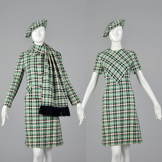 1960s I. Magnin Tweed Dress with Matching Jacket, Scarf, and Beret