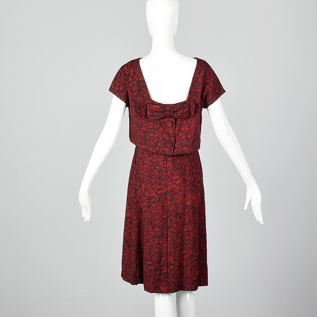 1960s Black and Red Print Dress with Mesh Bodice and Matching Overlay Top