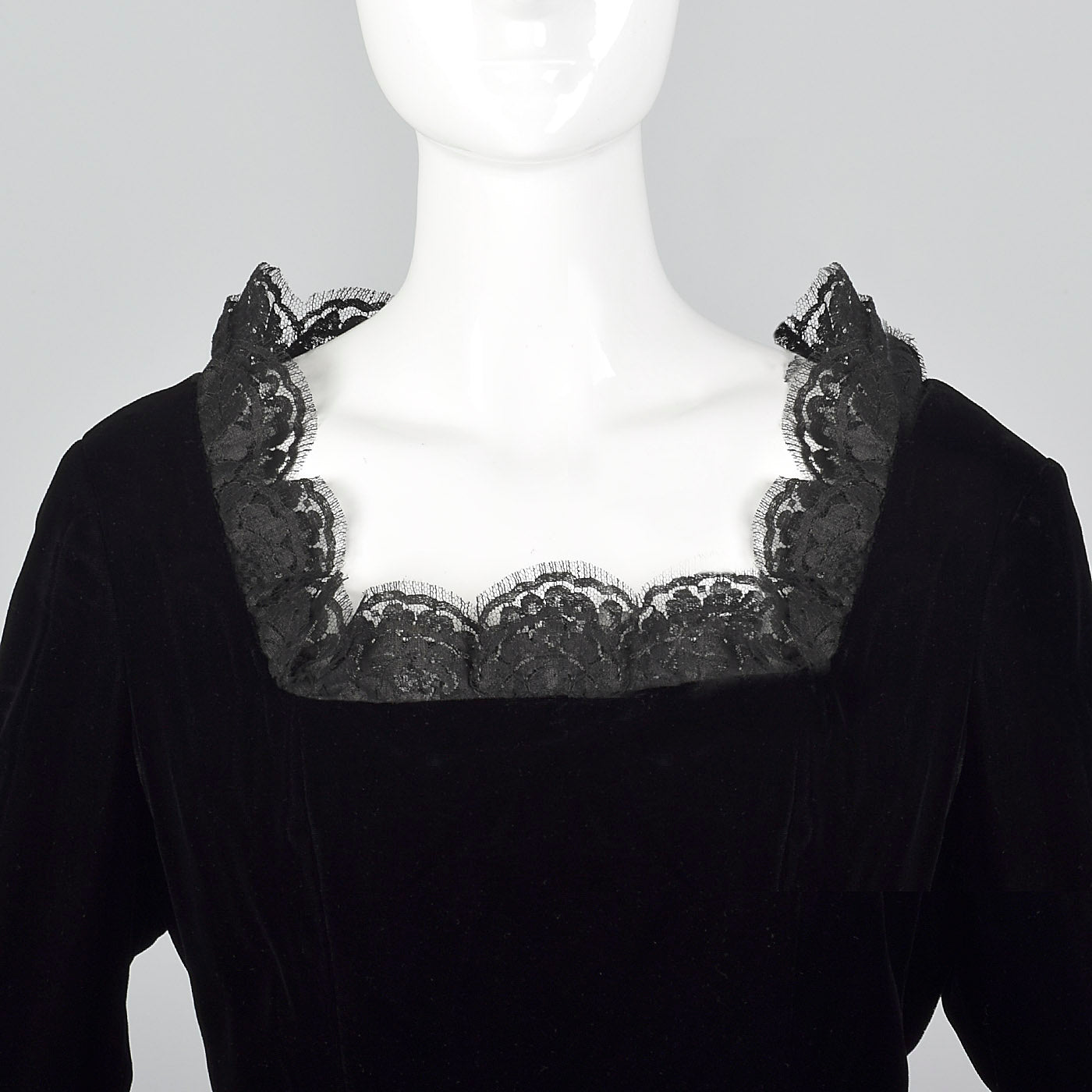 1970s Richilene Black Velvet Evening Dress with Lace Trim