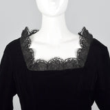 1970s Richilene Black Velvet Evening Dress with Lace Trim