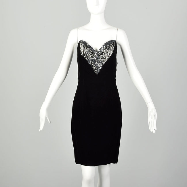 Large 1990s Oleg Cassini Black Tie Dress Velvet Beaded Strapless Cocktail Mini