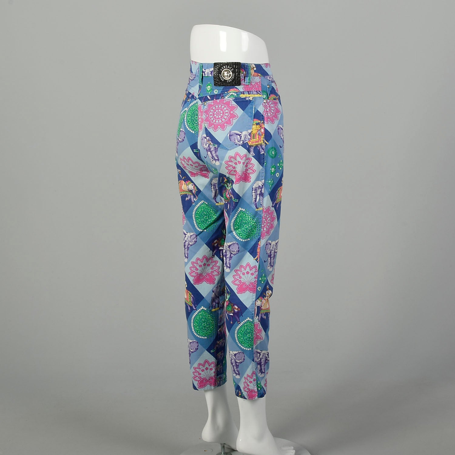 Small 1990s Versace Pants Couture Designer Purple Elephant Print Skinny Jeans Vintage