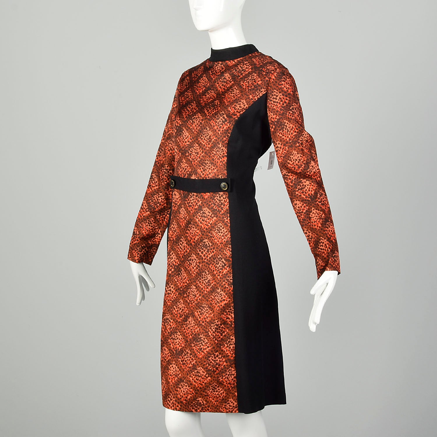 XL 1960s Color Block Shift Dress Long Sleeve Lattice Print