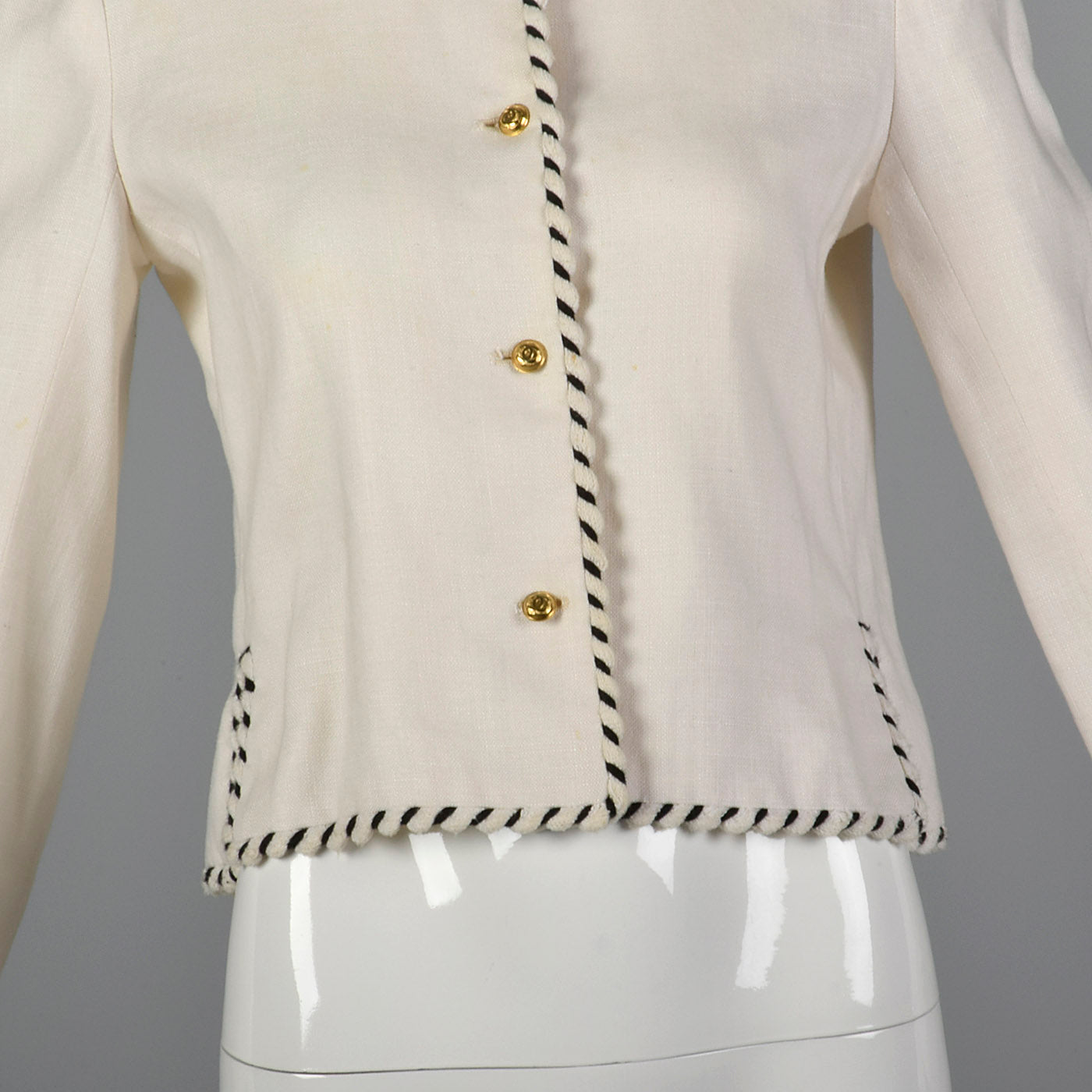 Chanel White Linen Jacket with Gold Logo Buttons and Black & White Trim