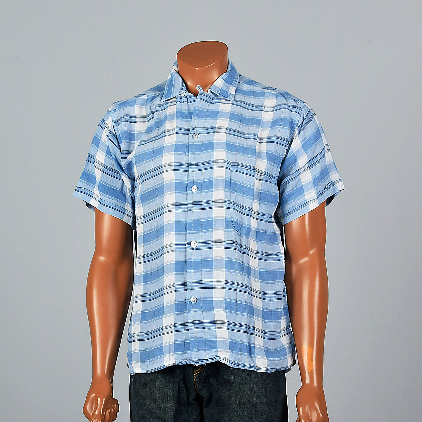 1950s Blue Plaid Rayon Shirt with Loop Collar