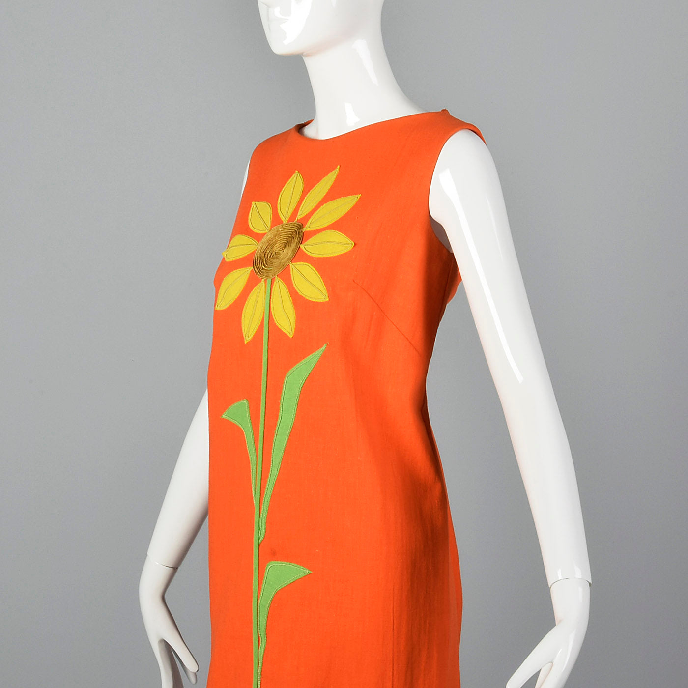 1960s Orange Shift Dress with Sunflower Applique