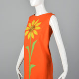 1960s Orange Shift Dress with Sunflower Applique