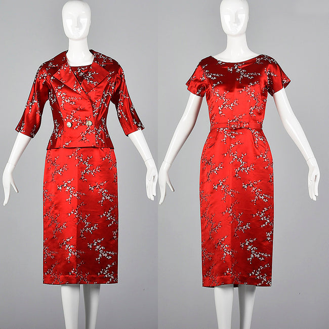 1960s Red Brocade Dress and Jacket Set