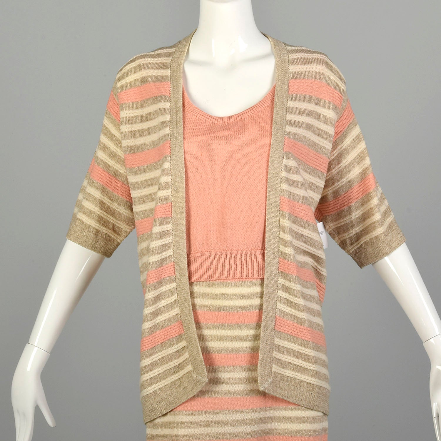 Medium 1980s St. John Set Knit Skirt Peach Shirt Striped Cardigan 3pc Ensemble