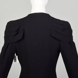 XS 1930s Coat Black Rayon Crepe Long Sleeve Art Deco Pleated Epaulettes