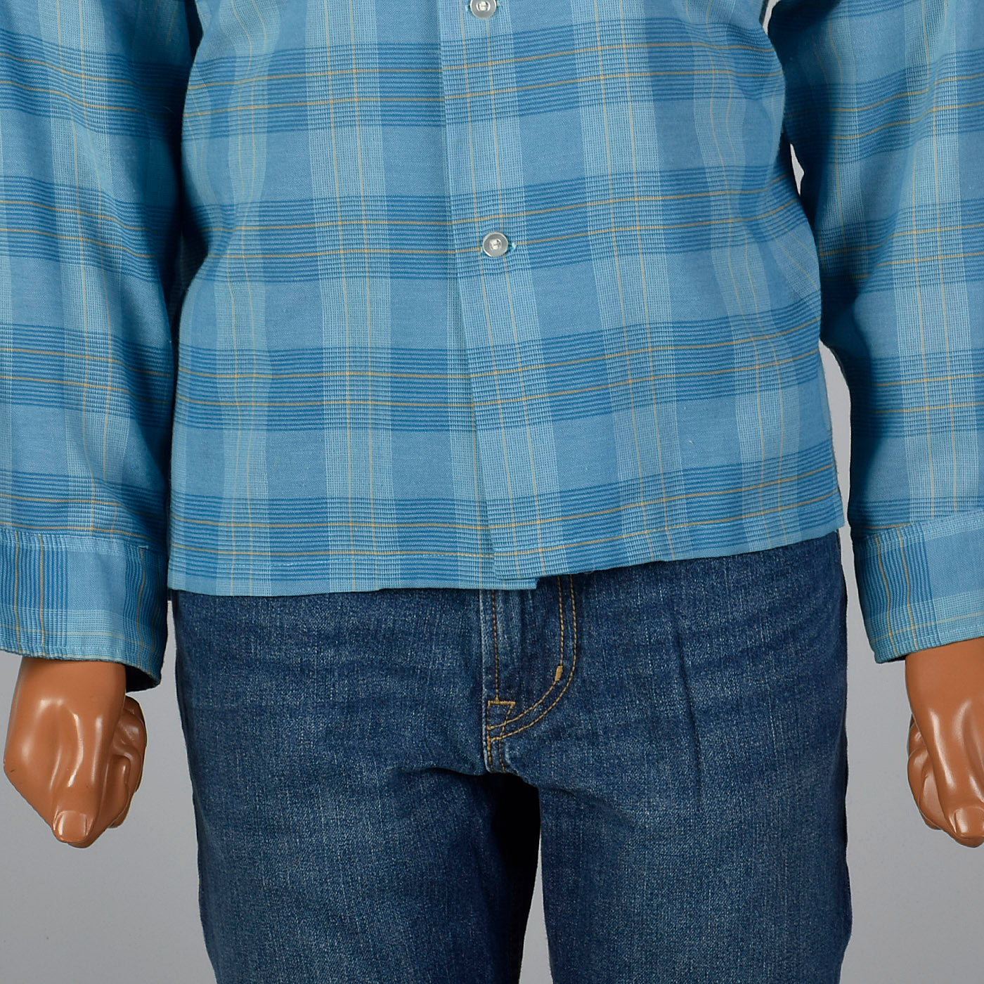 1960s Mens Blue Plaid Shirt with Loop Collar
