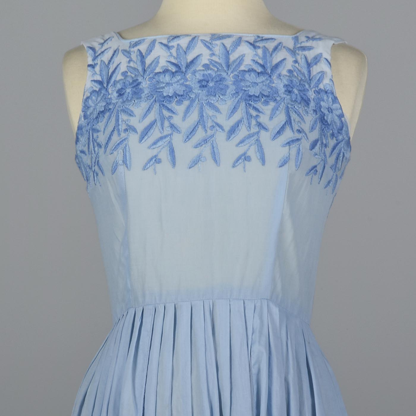 1950s Blue Cotton Day Dress with Embroidered Bodice