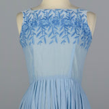 1950s Blue Cotton Day Dress with Embroidered Bodice