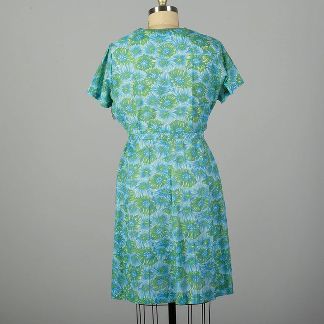 3XL 1950s Blue Floral Day Dress Green Short Sleeve Casual Volup