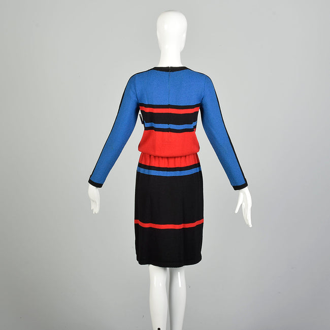 XS-Small 1980s Adolfo Long Sleeve Sweater Dress Color Block Knit Stripe Dress