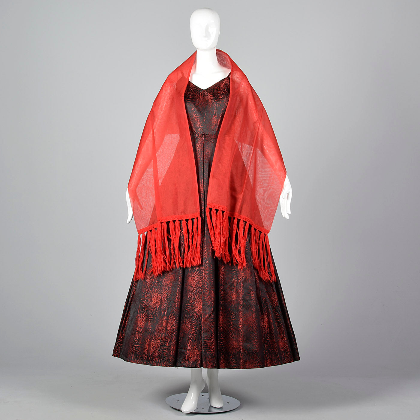 1950s Black and Red Brocade Dress