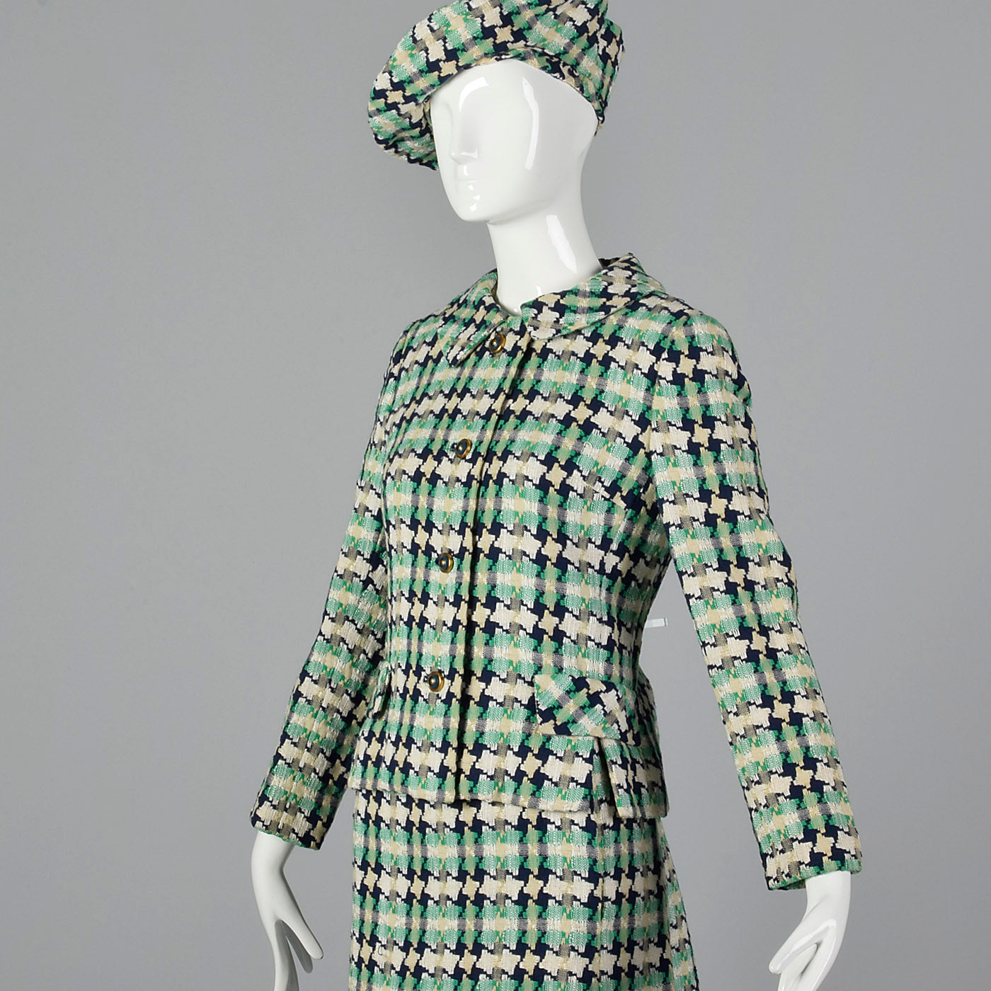 1960s I. Magnin Tweed Dress with Matching Jacket, Scarf, and Beret