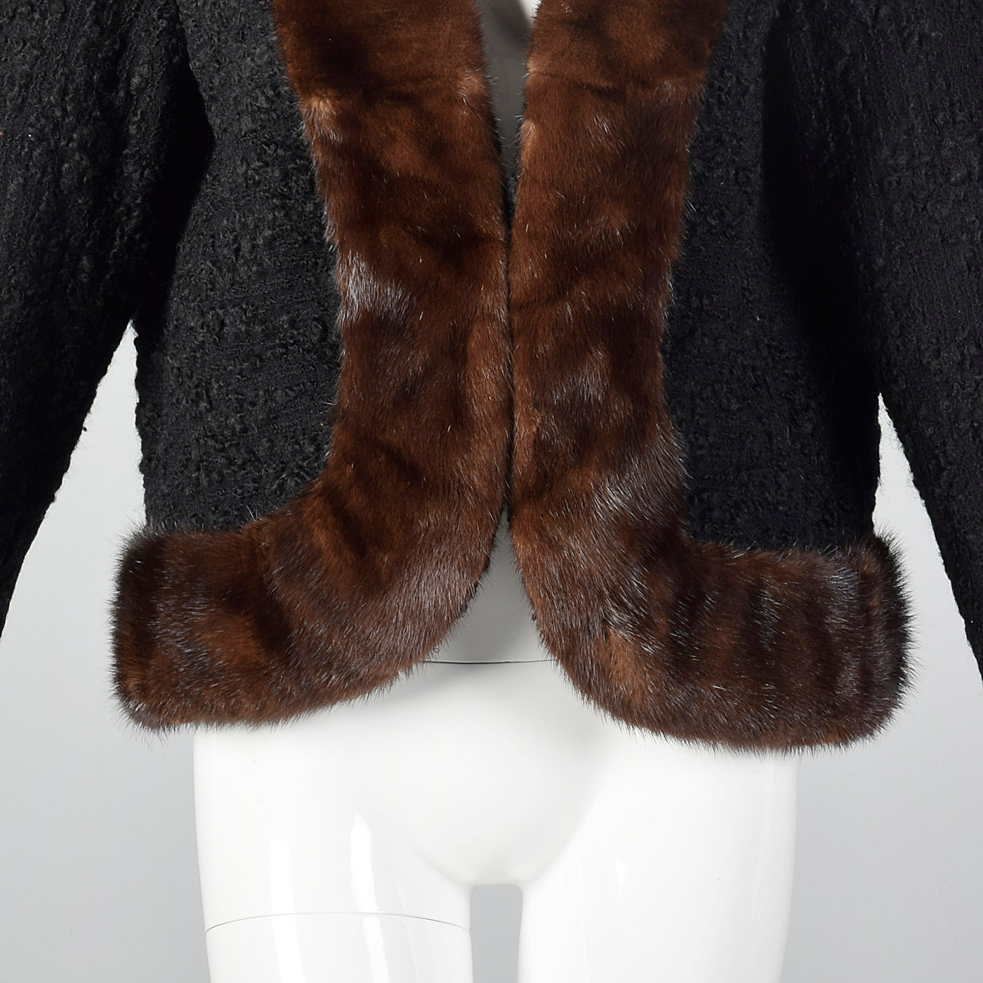 1950s Black Boucle Wool Coat with Mink Trim