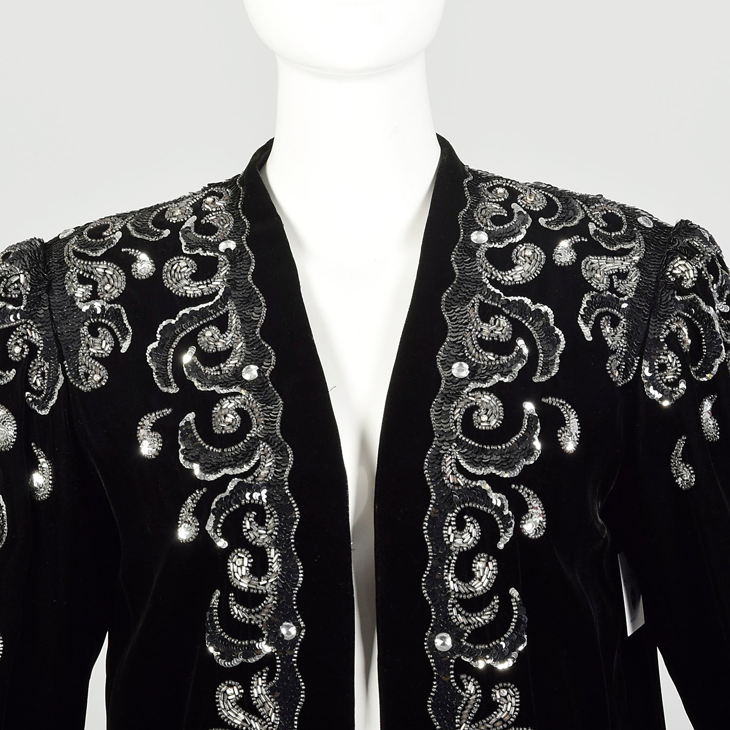 Medium 1980s Black Velvet Jacket Silver Sequin Evening Coat