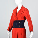 Bright Red Loewe Leather Trench Coat with Navy Blue Waist and Mod Gold Buttons