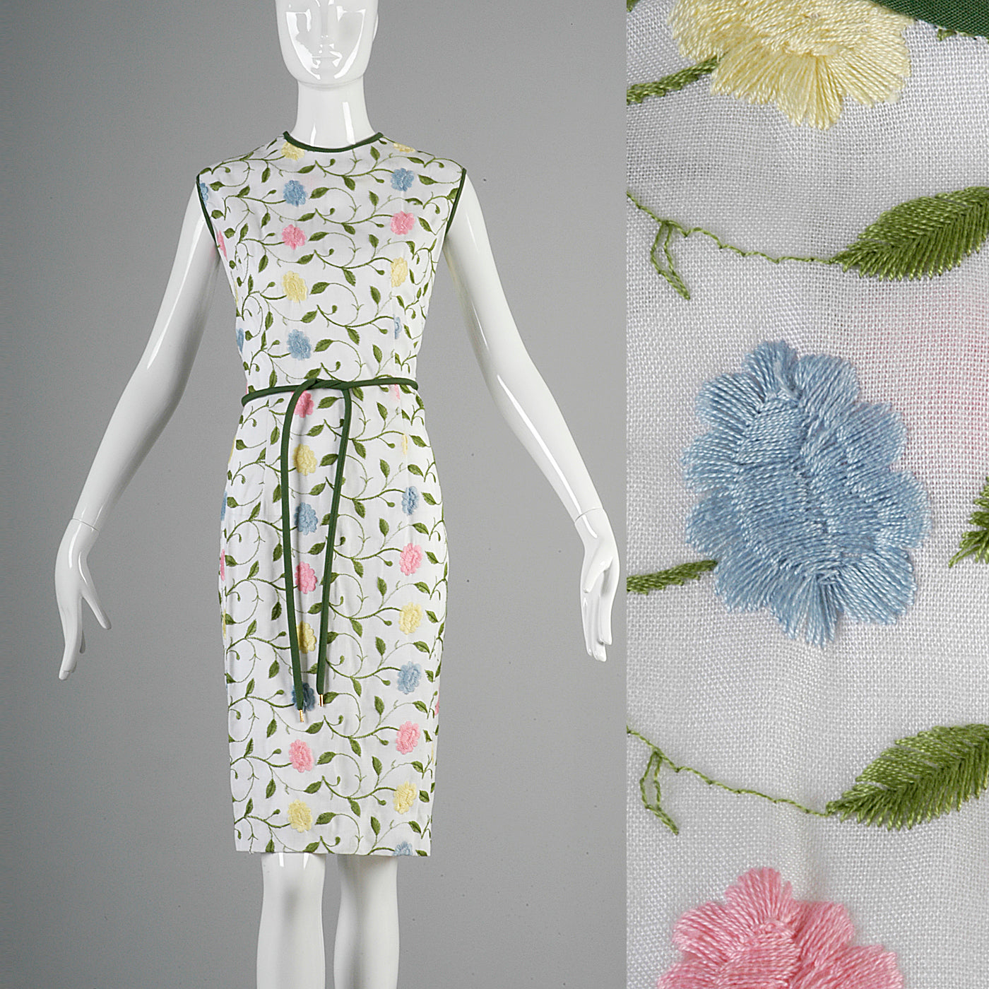 1960s White Wiggle Dress with Floral Embroidery