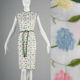 1960s White Wiggle Dress with Floral Embroidery