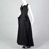 1950s Black Full Length Gown with Velvet Trim