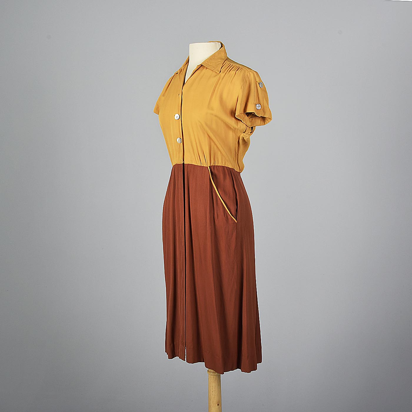 1950s Yellow and Brown Gaberdine Day Dress