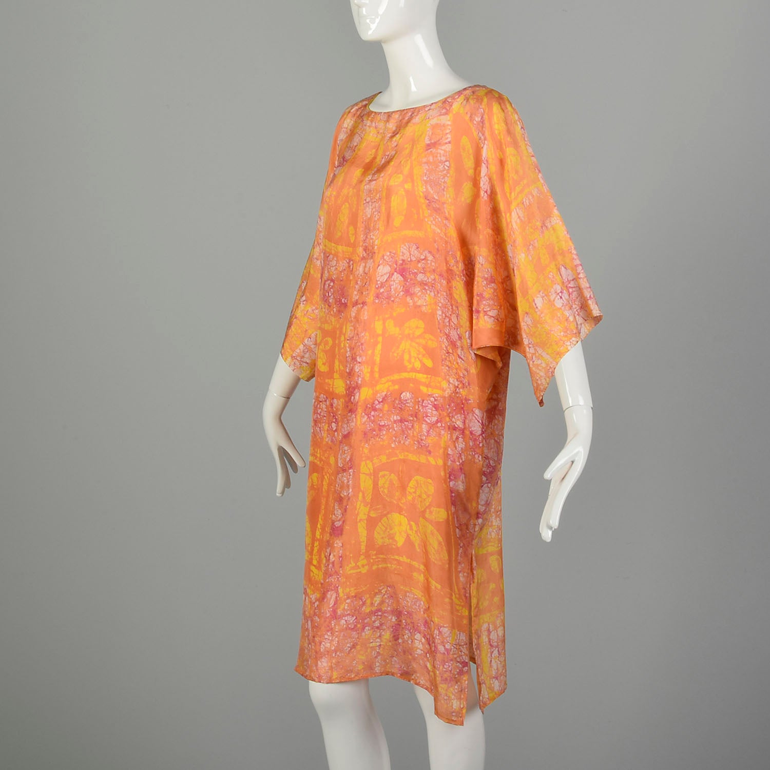 One Size 1970s Orange Yellow Abstract Batik Style Psychedelic Print Dress