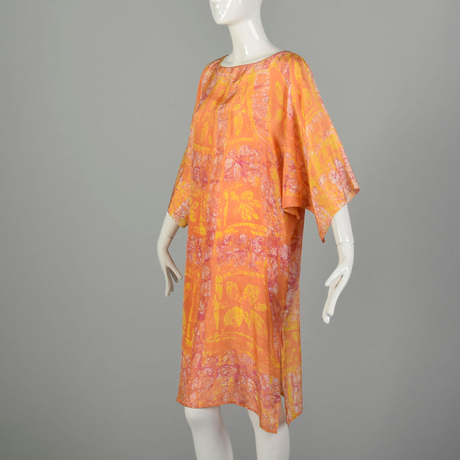 One Size 1970s Orange Yellow Abstract Batik Style Psychedelic Print Dress