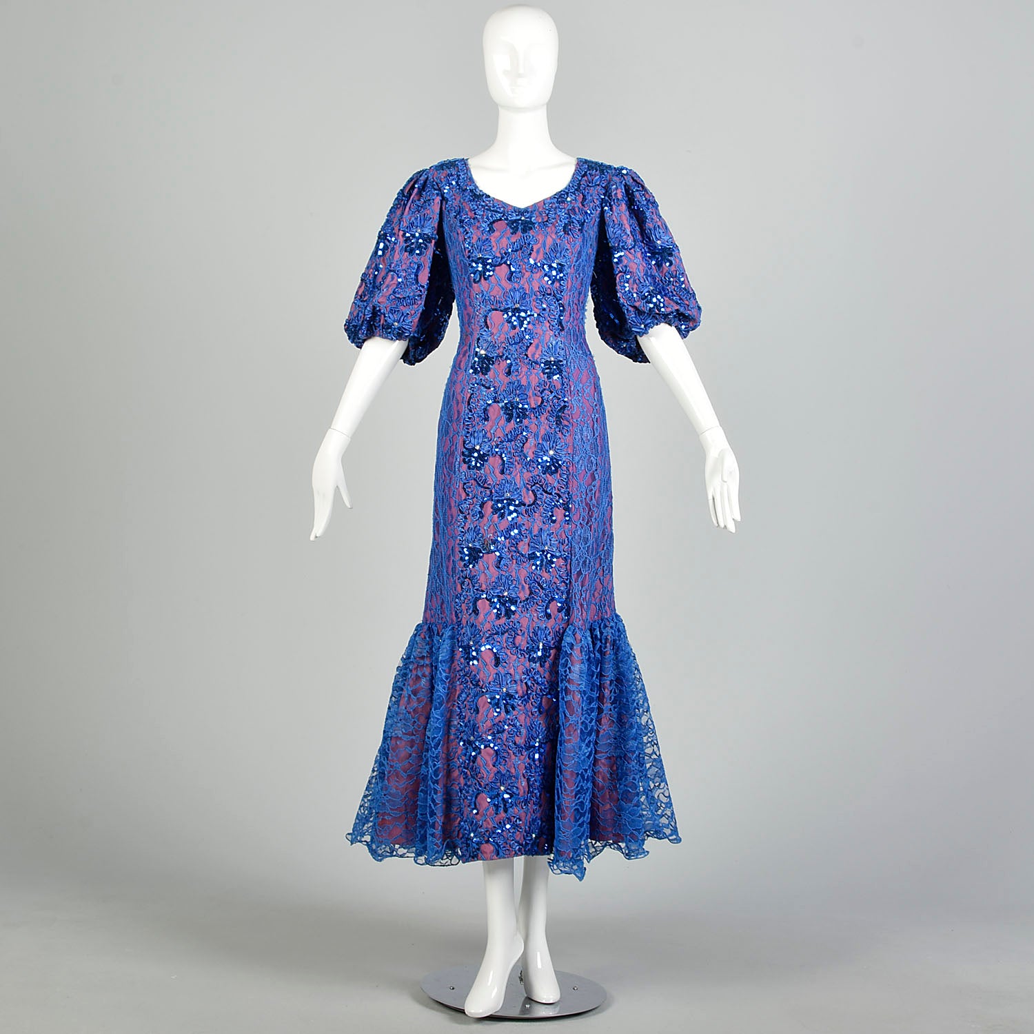 XL 1980s Mike Benet Formals Blue Sequin Lace Pageant Prom Formal Dress