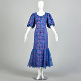 XL 1980s Mike Benet Formals Blue Sequin Lace Pageant Prom Formal Dress