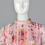 Medium 1970s Christian Dior Pink Floral Stripe Dress Long Sleeve