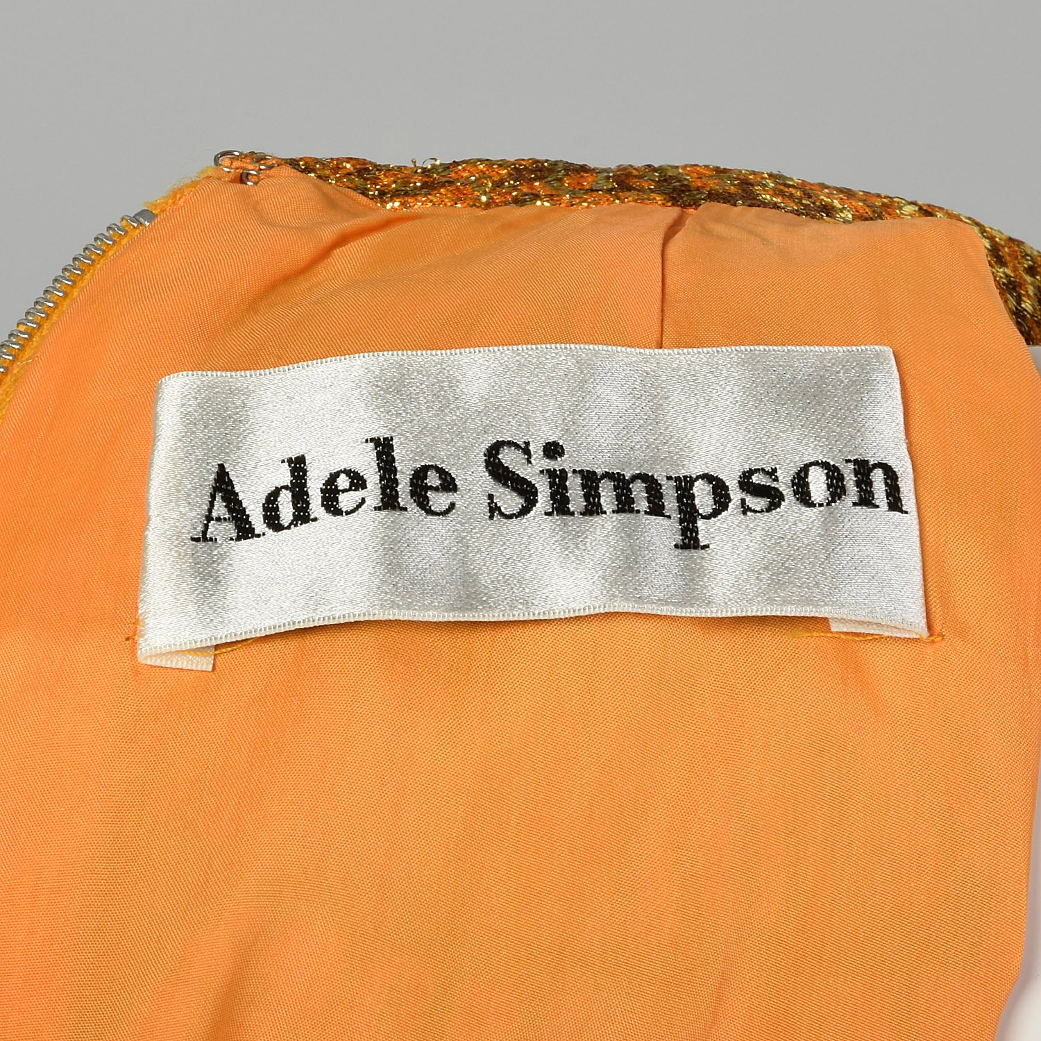 1970s Adele Simpson Evening Dress Metallic Orange Formal Gown with Long Sleeves