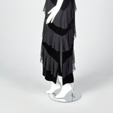 1980s Black Velvet Maxi Dress with Chiffon Ruffle