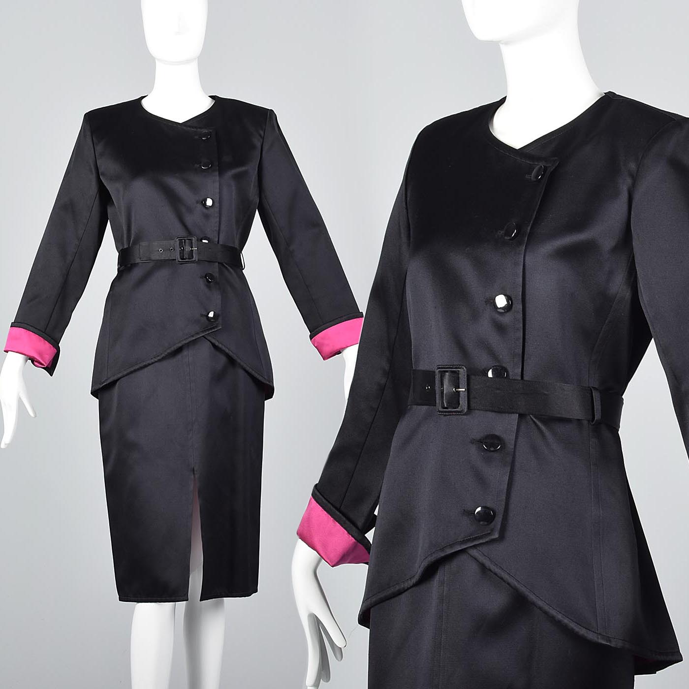 Yves Saint Laurent Rive Gauche Black Satin Satin Skirt Suit with