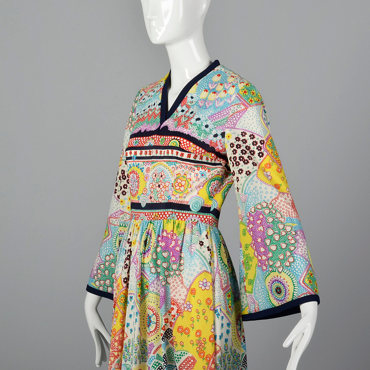 1970s Psychedelic Print Maxi Dress with Bell Sleeves