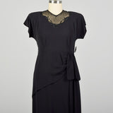 XL 1940s Little Black Dress Rayon Volup Beaded Illusion Neckline Evening Cocktail Gown LBD