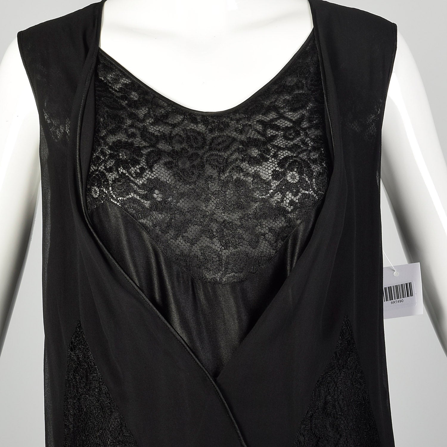 Medium 1920s Black Silk Dress Lace Panel Elegant Sleeveless Evening