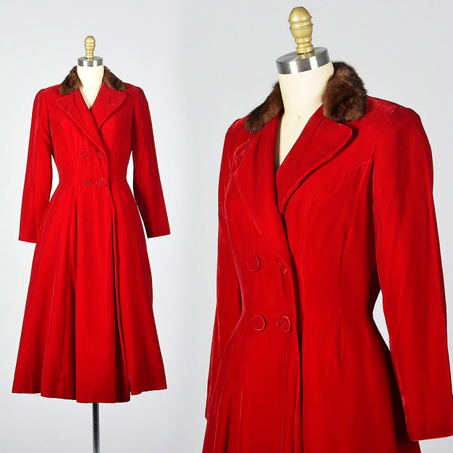 1950s Red Velvet Coat Dress with Mink Collar