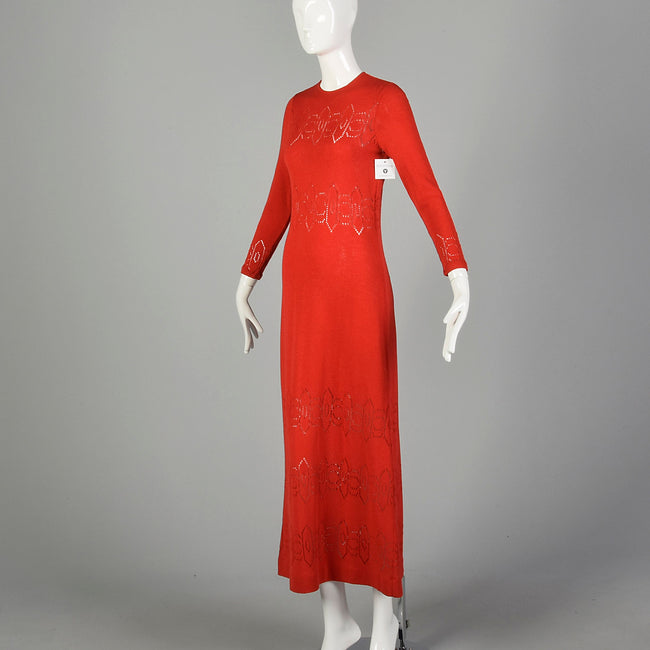 Small 1970s Dress Pat Sandler Red Knit Maxi Long Sleeve Sheer Decorative Details Knit