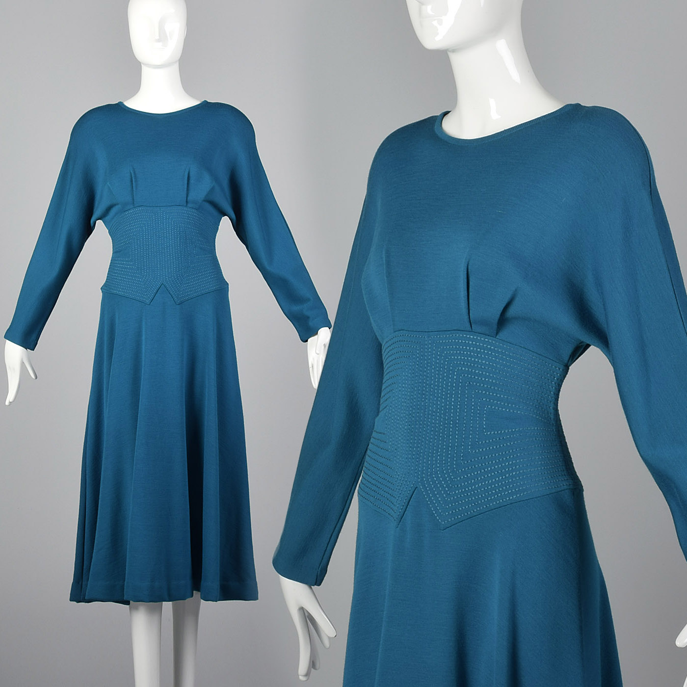 1980s Teal Wool Midi Dress