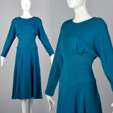 1980s Teal Wool Midi Dress