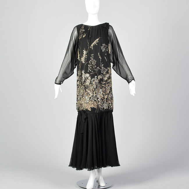 1980s Drop Waist Black Dress with Gold Glitter