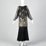 1980s Drop Waist Black Dress with Gold Glitter